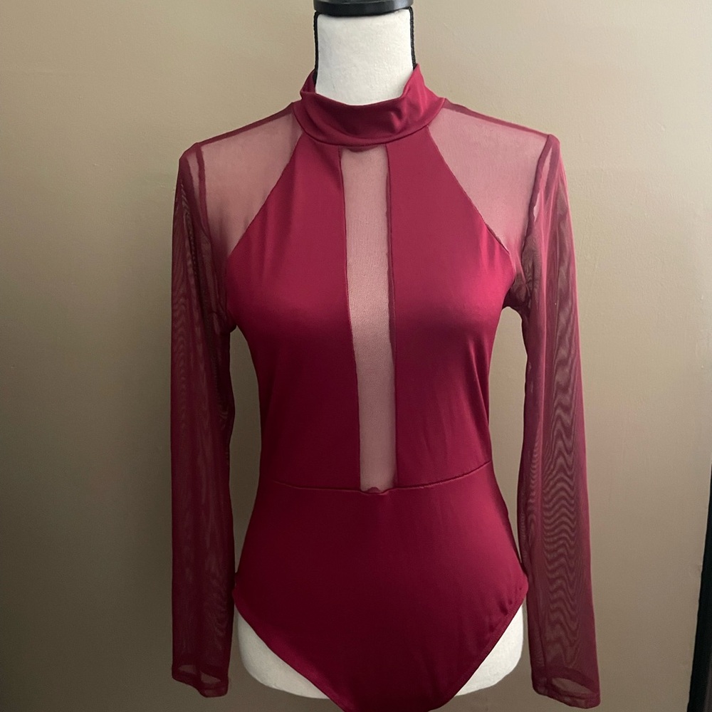 Elegant Burgundy Sheer Long Sleeve Top